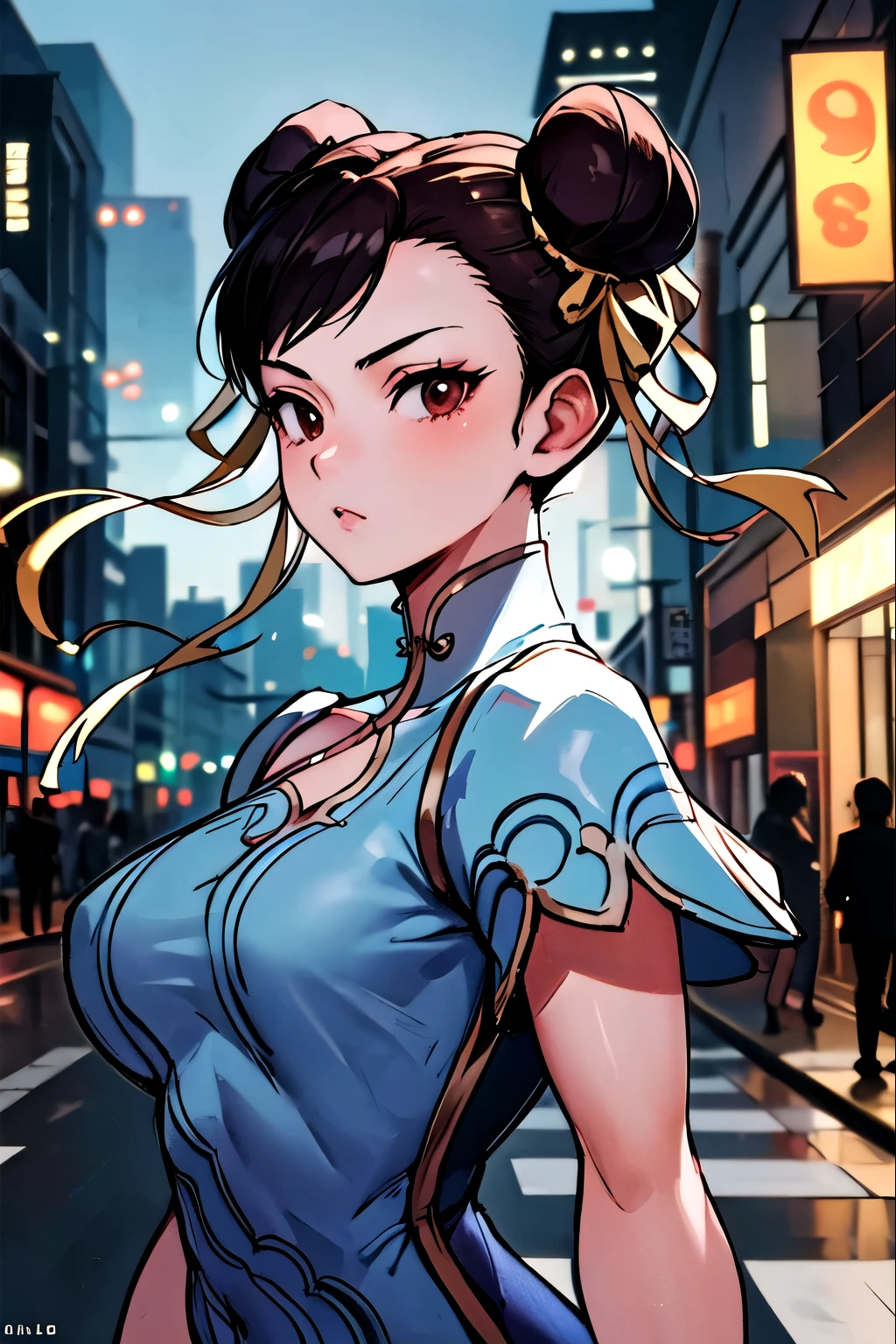 A masterpiece, high resolution, 4K,8K, perfect anatomy, ((bright sexy black Chinese dress with dragon)), ((appear string panties from Chinese dress slit)), the background is a building advertisement with dazzling neon light, ((sexy body)) , ((sexy face Chun-Li)), (looking back),athlete, Chun-li in street fighter’ character, extra digit, bad hands, 1girl, upper body, front view, stylish pose, looking at viewer, good applying makeup, (((small breasts))), cleavage, glistening skin, nightclub background,Delete everything except the character,