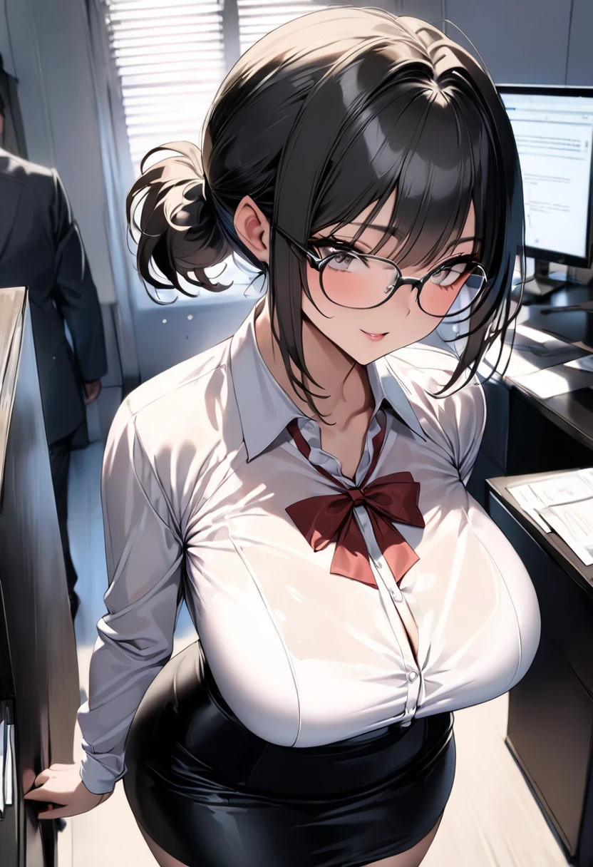 ((  best quality)), ((masterpiece)), (   Details), ( 1 Anime Girl  ),    sexy,  black hair with big breasts 9０CM OL ,    short ponytail ,   young woman,  OL with glasses , ((( Woman standing in office ))) , (  woman in business suit  ),  pencil skirt