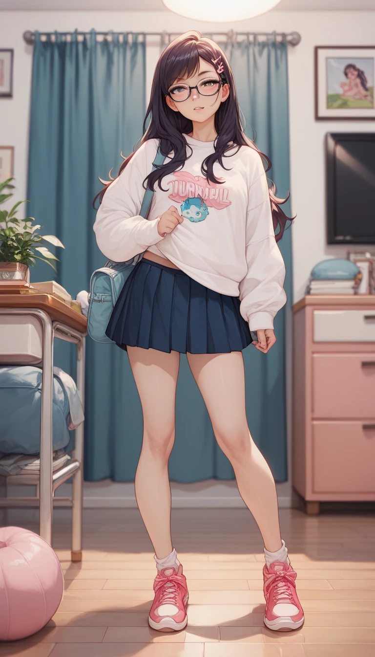 a young pretty girl, wearing a skirt and a sweatshirt, long hair and is wearing glasses, she is in her room, Full body, manhwa scene, comic scene, mangá scene