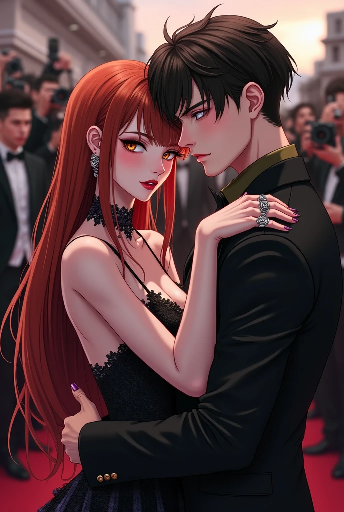 1boy 1girl cuddeling each other, short brown hair boy, long red hair girl, brown eyes, wearing all black suit together, city, absurdres, high res, ultrasharp, 8K, masterpiece, looking from the back