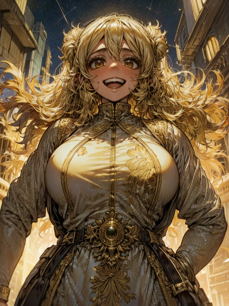  girl,   flowing golden blond hair ,  yellow eyes, Golden Imperial Costume, Neckline, Anime, The background is a clear sky with twinkling lights, dynamic angles, Derisive laughter