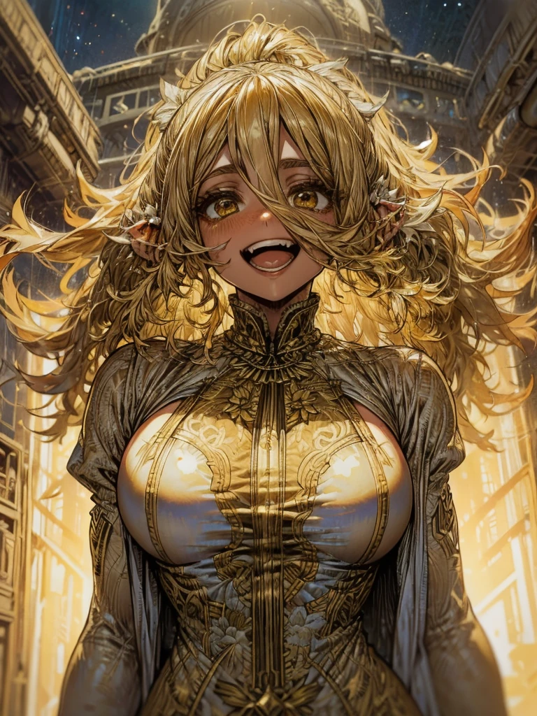  girl,   flowing golden blond hair ,  yellow eyes, Golden Imperial Costume, Neckline, Anime, The background is a clear sky with twinkling lights, dynamic angles, Derisive laughter