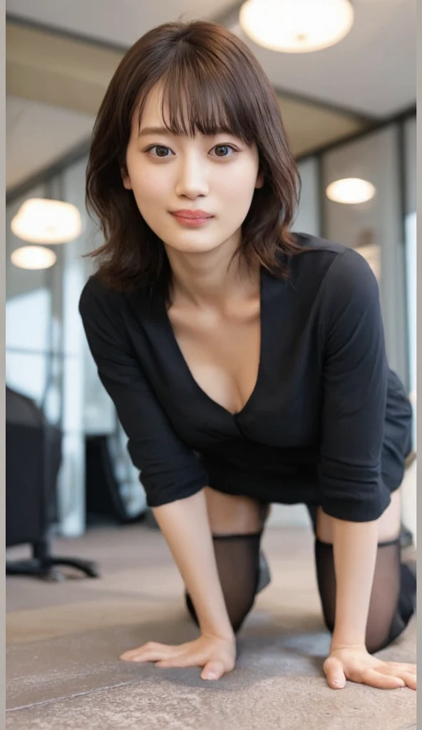 masutepiece, Best Quality, Photorealsitic, finely detail, hight resolution,beautiful japanese woman,beautiful detailed eyes, beautiful detailed lips, extremely detailed face, small head, small areola, cinematic lighting, photorealistic, 8k, high quality, hyper detailed, (looking at viewer:1.3),smile,(dress shirt),(pencil skirt),(short hair:1.2),(random location),(medium breasts:1.2),(inoueseika),slender,beautifull legs,(cleavage:1.3),(sexy posing),mini skirt, (bokeh:1.3) (black pantyhose:1.2),(office lady:1.4),(all fours:1.3)