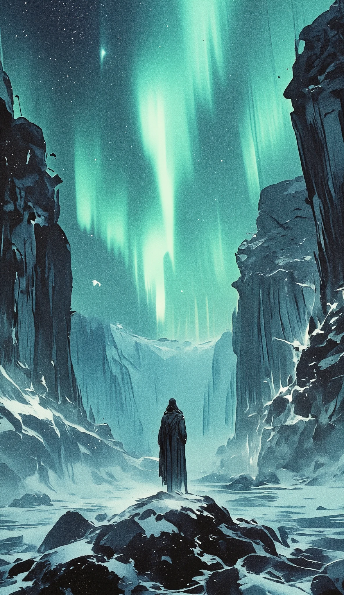 standing on a glacier , Frozen, showing the immensity of the glaze ,  with a bright cyan aurora borealis light , green:1. 5 beautiful colors of Aurora that can be seen very clearly the Northern Lights,  in the background ,  a photo of Christopher Balaskas , pexels contest winner, romanticism,  magical colors and atmosphere ,  magical colors and atmosphere ,  stunning colors , Northern Lights , aurora boreal,  amazing colors , Magnificent background,  Incredibly epic images , ice cave,  incredible colors , chiaroscuro, cinematic lighting, UHD, Retina,  masterpiece , Accurate, Super detail, high details,  high quality ,  award winning , best quality, highres, 1080P, HD, 16K,  hyperrealistic 