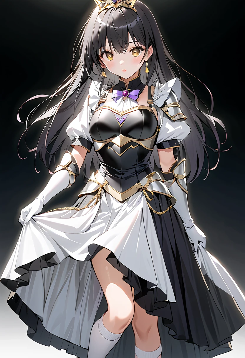 ((masterpiece)),  best quality,  beautiful adult woman,  Very detailed,( one woman),Yui Kotegawa,  yellow eyes, Long Hair,  black hair, Black and white dress,  long skirt, (( white knee socks like Arcelle )), Gloves,  jewelry,  clevis,  princess your **ddler, elbow Gloves,  tiara , brooch, white Gloves、 black stockings , Garter belt,  black stiletto heels , Adult women、thin、 VERY BEAUTIFUL、 Facial beauty、 long skirt、(((black and white armor、breastplate、Shiny Armor:1.2)))、 holding a bow、 Gold Earrings 、 black hair,  yellow eyes,  pink lips、whole body