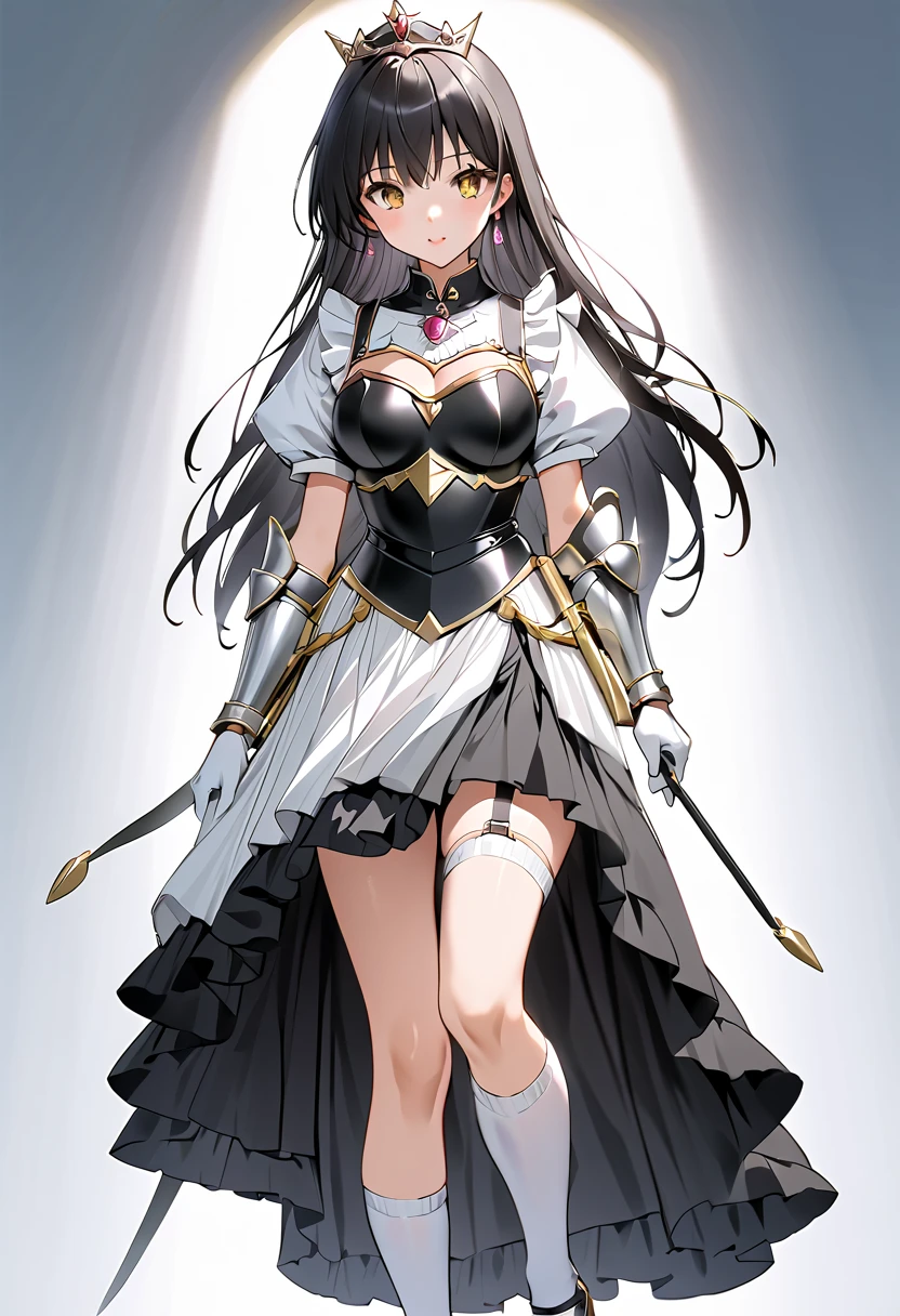 ((masterpiece)),  best quality,  beautiful adult woman,  Very detailed,( one woman),Yui Kotegawa,  yellow eyes, Long Hair,  black hair, Black and white dress,  long skirt, (( white knee socks like Arcelle )), Gloves,  jewelry,  clevis,  princess your toddler, elbow Gloves,  tiara , brooch, white Gloves、 black stockings , Garter belt,  black stiletto heels , Adult women、thin、 VERY BEAUTIFUL、 Facial beauty、 long skirt、(((black and white armor、breastplate、Shiny Armor:1.2)))、 holding a bow、 Gold Earrings 、 black hair,  yellow eyes,  pink lips、whole body