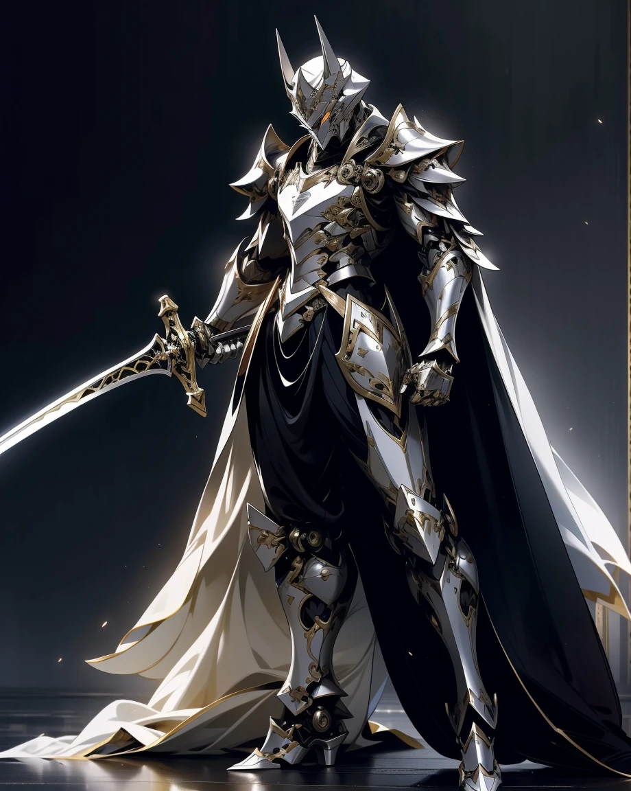 batman in armor with a sword and a cape on his shoulders, intricate assassin mecha armor, elegant smooth silver armor, sleek smooth white plated armor, silver cyber armor, gold and silver armour suit, shiny silver metal armor, arasaka mech, white plated armor, god king of ai art, silver and gold heavy armor, shiny metal armor, white metallic armor