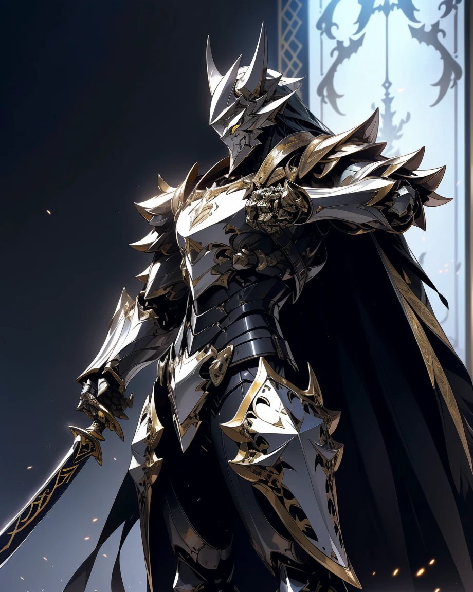 batman in armor with a sword and a cape on his shoulders, intricate assassin mecha armor, elegant smooth silver armor, sleek smooth white plated armor, silver cyber armor, gold and silver armour suit, shiny silver metal armor, arasaka mech, white plated armor, god king of ai art, silver and gold heavy armor, shiny metal armor, white metallic armor