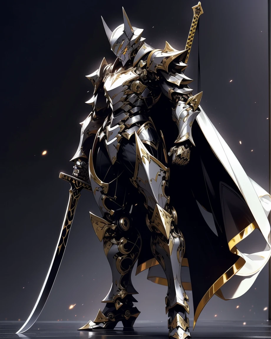 batman in armor with a sword and a cape on his shoulders, intricate assassin mecha armor, elegant smooth silver armor, sleek smooth white plated armor, silver cyber armor, gold and silver armour suit, shiny silver metal armor, arasaka mech, white plated armor, god king of ai art, silver and gold heavy armor, shiny metal armor, white metallic armor