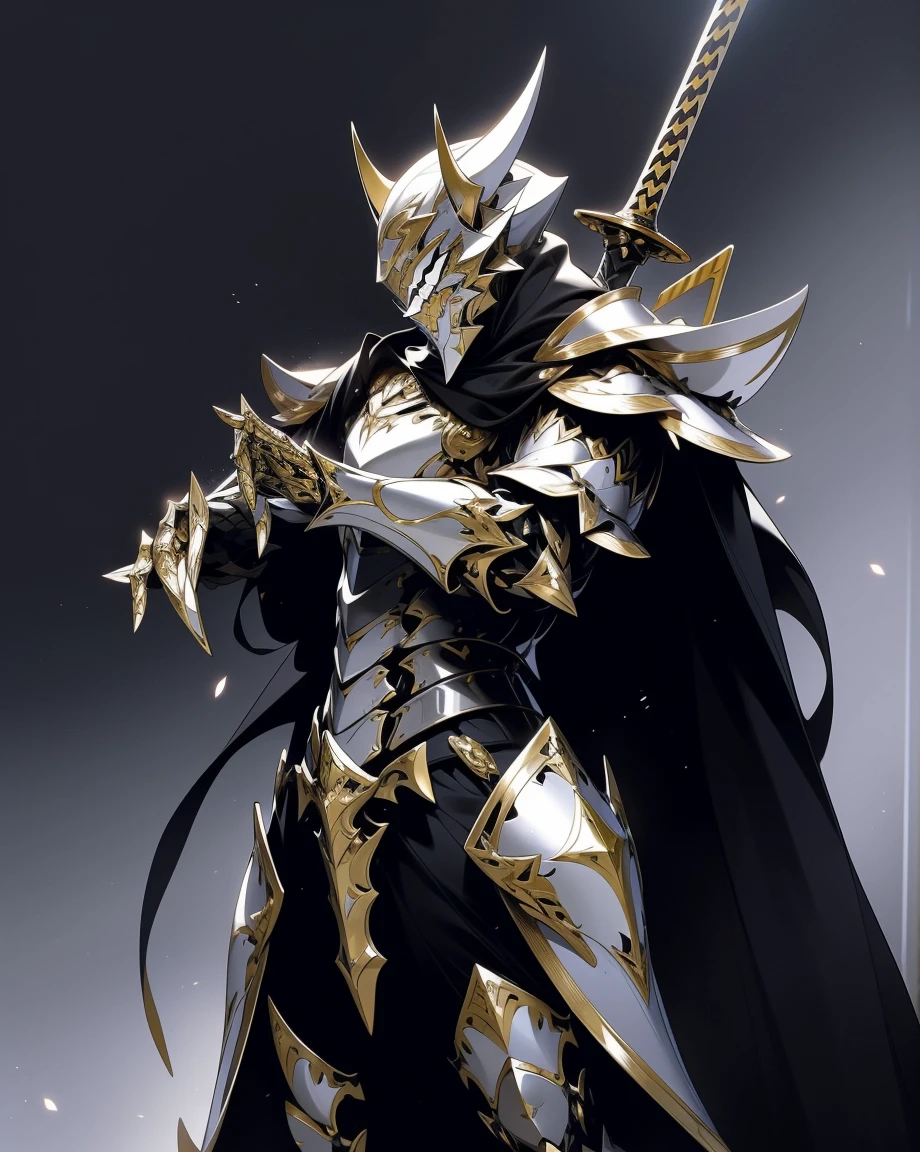 batman in armor with a sword and a cape on his shoulders, intricate assassin mecha armor, elegant smooth silver armor, sleek smooth white plated armor, silver cyber armor, gold and silver armour suit, shiny silver metal armor, arasaka mech, white plated armor, god king of ai art, silver and gold heavy armor, shiny metal armor, white metallic armor