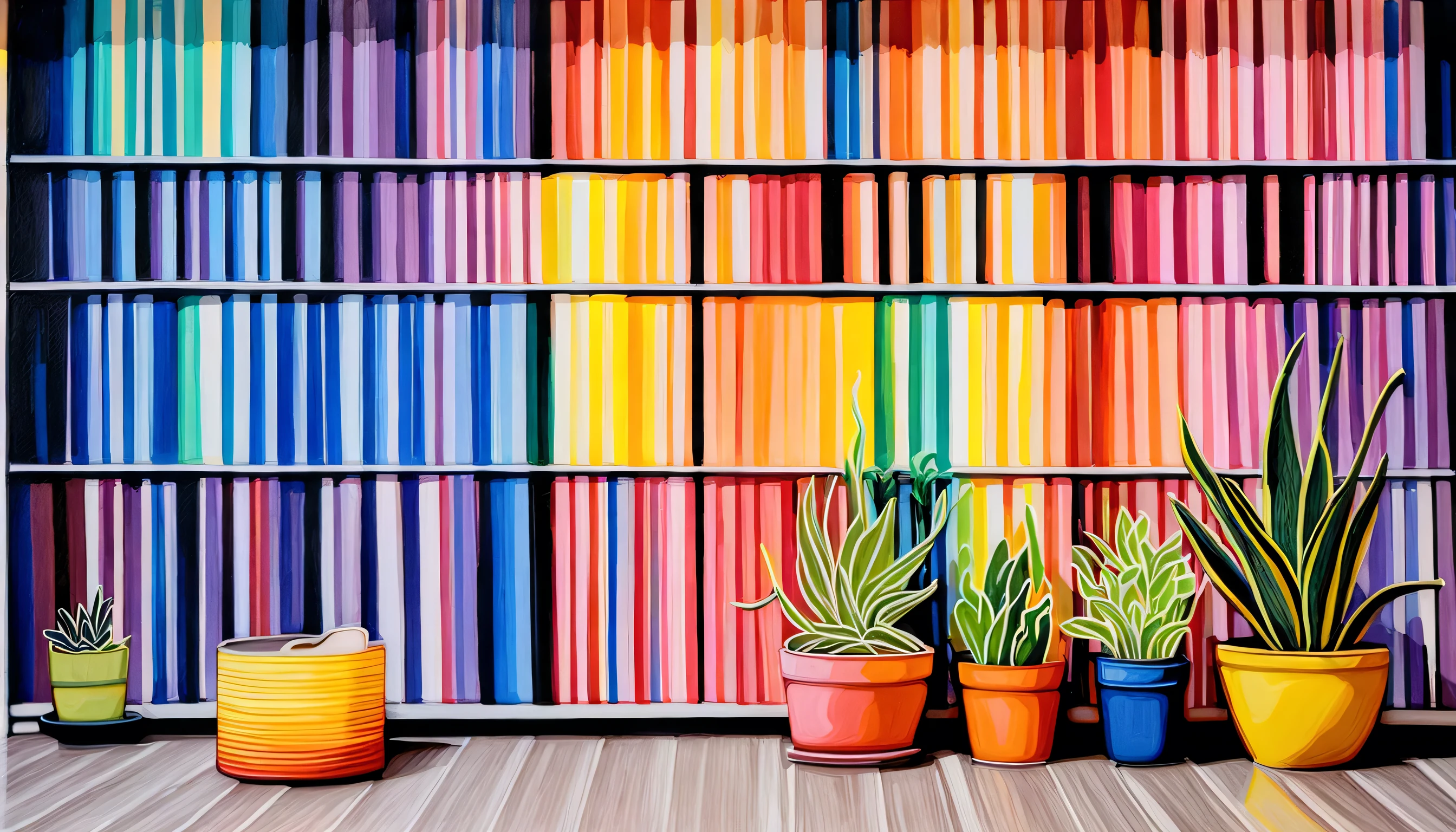 living room , Sofa, Window , curtain( colorful 、paint), mottled sunlight, Potted plants ,[cabinet,Bookshelf,