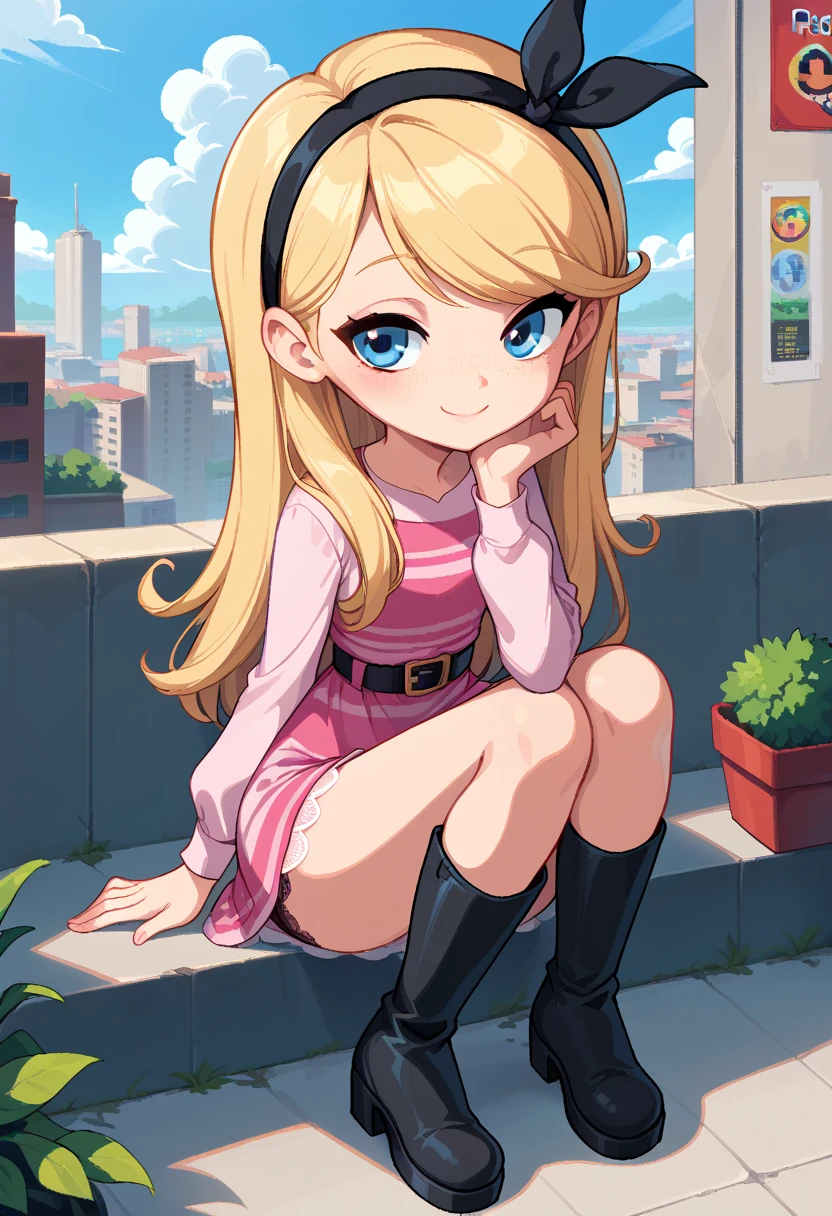 1girl, full body, solo, penny peterson, long hair, blue eyes, freckles, blonde hair, skirt, hairband, black hairband,  dress, pink dress, long sleeves, black long boots,   heart,half closed eyes,,,,pixel art,,lace panties,,outdoor,city,sitting,light smile