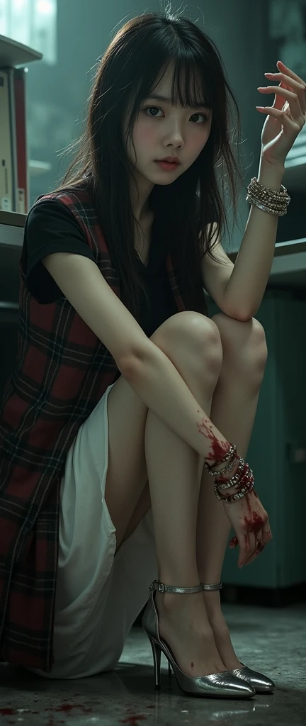 masterpiece, best quality, 1 girl, solo, supine, lying on the floor, pale skin, messy hair, red eyes, glowing eyes, blood on face, blood on clothes, creepy, scary, blood,