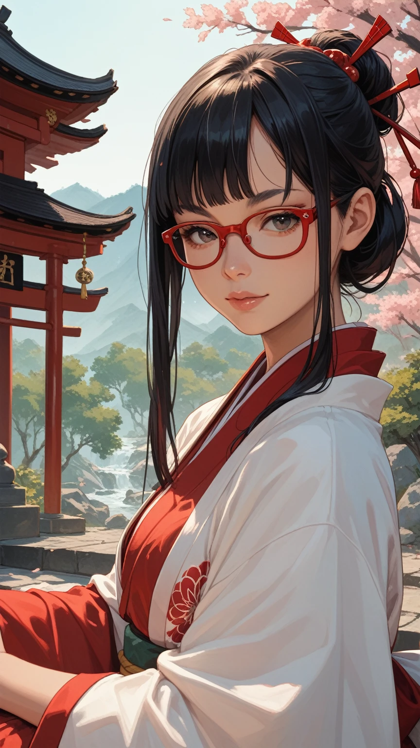 Black hair, long hair, glasses, red kimono, Japanese shrine, shrine visit