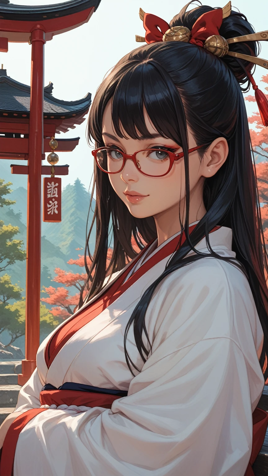 Black hair, long hair, glasses, red kimono, Japanese shrine, shrine visit