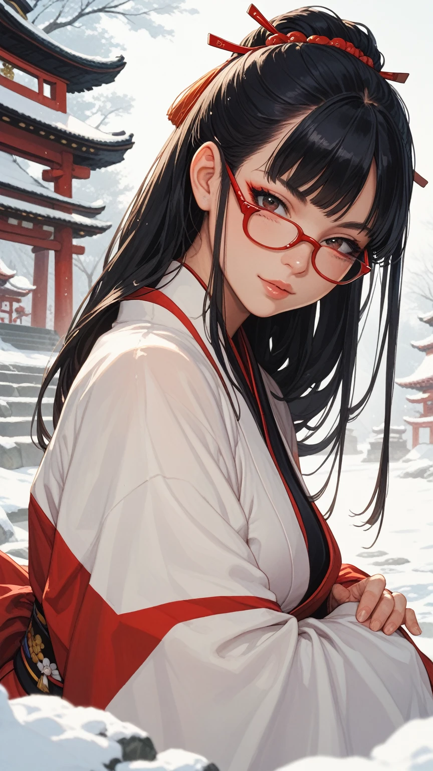 Black hair, long hair, glasses, red kimono, Japanese shrine, shrine visit