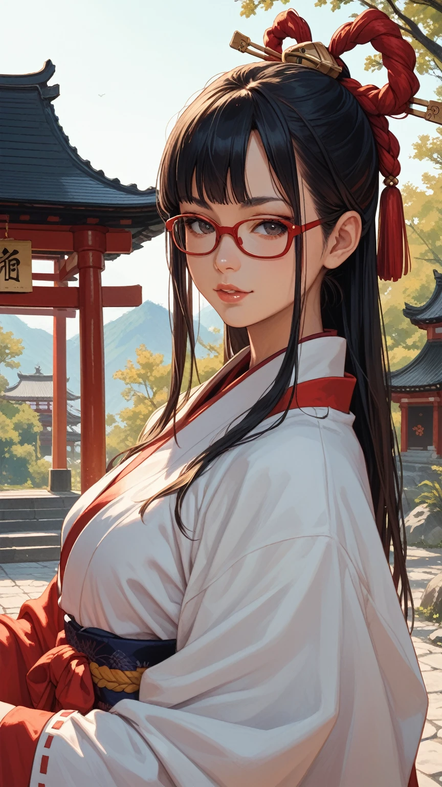 Black hair, long hair, glasses, red kimono, Japanese shrine, shrine visit