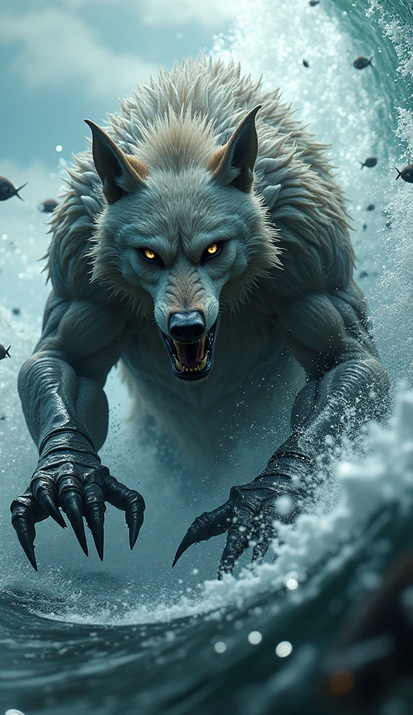 High-resolution, 3D render, anthro, Lobo Alpha, solo, marine, muscular, wolf, open maw, bravely snarling, underwater landscape, detailed seascape, by ArtemisDrake, by KelcysArt, by LunarLupine, cool atmosphere, shining light rays from above, focused on the viewer, intense eyes, detailed face, expressive stance, intense gaze, dramatic underwater scene, trending on ArtStation, Intricate, High Detail, realistic, realistic lighting, ultra detailed, sharply focused, niji, eyesgod, aqua blue eyes, white fur, dark fur, black mane, fierce expression