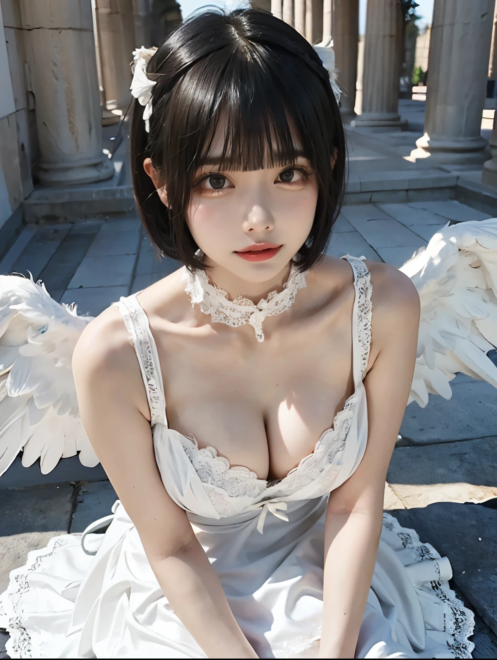 8K, Raw photo, Photorealistic, (Detailed skin, Best Quality:1.2), (Angel wings), ((White camisole dress, short lace dress, white lace collar)), (white head dress, bob hairstyle, bangs), age girl with angel wings, in abandoned Greek temple, (cleavage, pale skin:1.4), smile, thighs, soft lighting