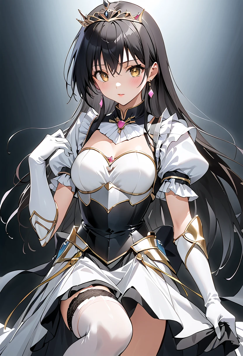 ((masterpiece)),  best quality,  beautiful adult woman,  Very detailed,( one woman), Yui Furukawa,  yellow eyes, Long Hair,  black hair, Black and white dress,  long skirt, (( white knee socks like Arcelle )), Gloves,  jewelry,  clevis,  Princess Dress , elbow Gloves,  tiara , brooch, white Gloves、 black stockings , Garter belt,  black stiletto heels , Adult women、thin、 VERY BEAUTIFUL、 Facial beauty、 long skirt、(((black and white armor、breastplate、Shiny Armor:1.2)))、 holding a bow、 Gold Earrings 、 black hair,  yellow eyes,  pink lips、whole body