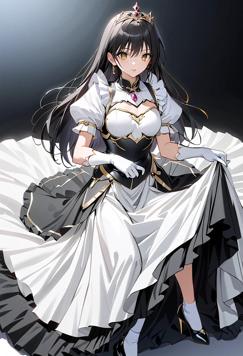 ((masterpiece)),  best quality,  beautiful adult woman,  Very detailed,( one woman), Yui Furukawa,  yellow eyes, Long Hair,  black hair, Black and white dress,  long skirt, (( white knee socks like Arcelle )), Gloves,  jewelry,  clevis,  Princess Dress , elbow Gloves,  tiara , brooch, white Gloves、 black stockings , Garter belt,  black stiletto heels , Adult women、thin、 VERY BEAUTIFUL、 Facial beauty、 long skirt、(((black and white armor、breastplate、Shiny Armor:1.2)))、 holding a bow、 Gold Earrings 、 black hair,  yellow eyes,  pink lips、whole body