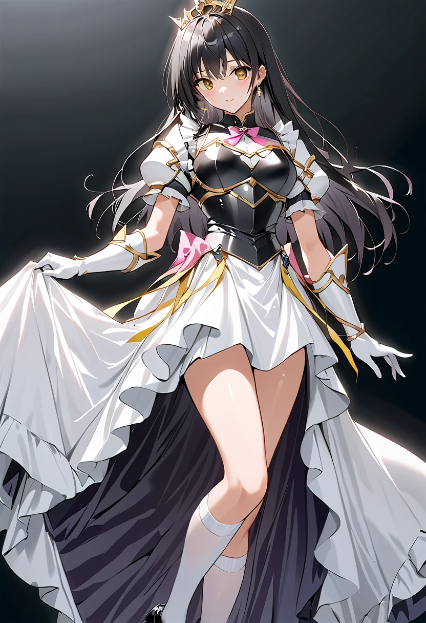 ((masterpiece)),  best quality,  beautiful adult woman,  Very detailed,( one woman), Yui Furukawa,  yellow eyes, Long Hair,  black hair, Black and white dress,  long skirt, (( white knee socks like Arcelle )), Gloves,  jewelry,  clevis,  Princess Dress , elbow Gloves,  tiara , brooch, white Gloves、 black stockings , Garter belt,  black stiletto heels , Adult women、thin、 VERY BEAUTIFUL、 Facial beauty、 long skirt、(((black and white armor、breastplate、Shiny Armor:1.2)))、 holding a bow、 Gold Earrings 、 black hair,  yellow eyes,  pink lips、whole body