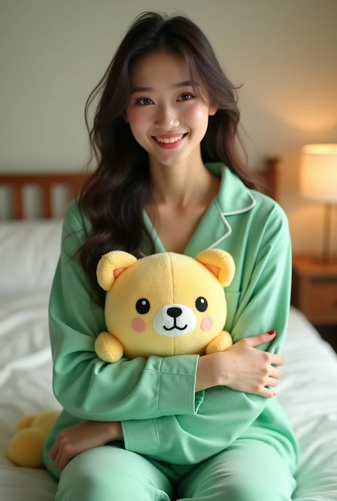 Create an image of a sweet, adorable woman with long black hair sitting on a bed. She should have a slightly chubby and cute appearance, resembling the style of the image provided. She is wearing a yellow nightgown with animated character motifs. Surround her with several pillows and plush toys that match the theme of her outfit. The woman is facing forward with a gentle and cute expression on her face, exuding a soft, charming demeanor. The background should feature a yellow wall that complements her outfit and the overall bed decor