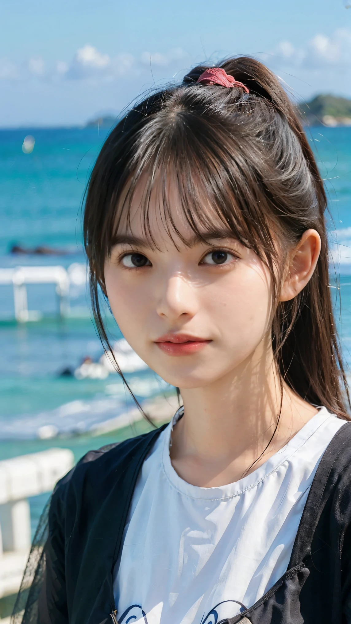 masterpiece, best quality, grassland, woman, a horse, happy, glad, delightful, smiling, riding horse, looking at viewer, ponytail, ponytail, black hair, beautiful, realistic photo, full body shot, sunlight, on the beach, in the ocean
