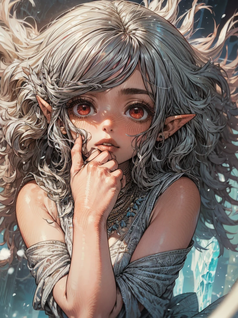 {{masterpiece}}, best quality, high definition, highly detailed CG unity 8k wallpaper ,Illustration,  1 girl , red eyes,   wavy silver hair  , pointy ears, ,  dress,  Necklaces ,  hair flower, snow, ice, whole body, shot, face up,  high definition, Center Frame , sharp concentration,  putting their fingers in their lips, Floating Hair,