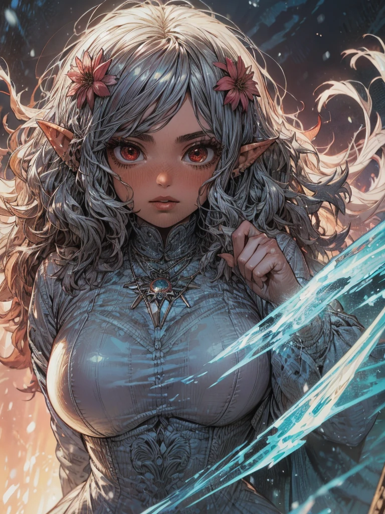 {{masterpiece}}, best quality, high definition, highly detailed CG unity 8k wallpaper ,Illustration,  1 girl , red eyes,   wavy silver hair  , pointy ears, ,  dress,  Necklaces ,  hair flower, snow, ice, whole body, shot, face up,  high definition, Center Frame , sharp concentration,  putting their fingers in their lips, Floating Hair,