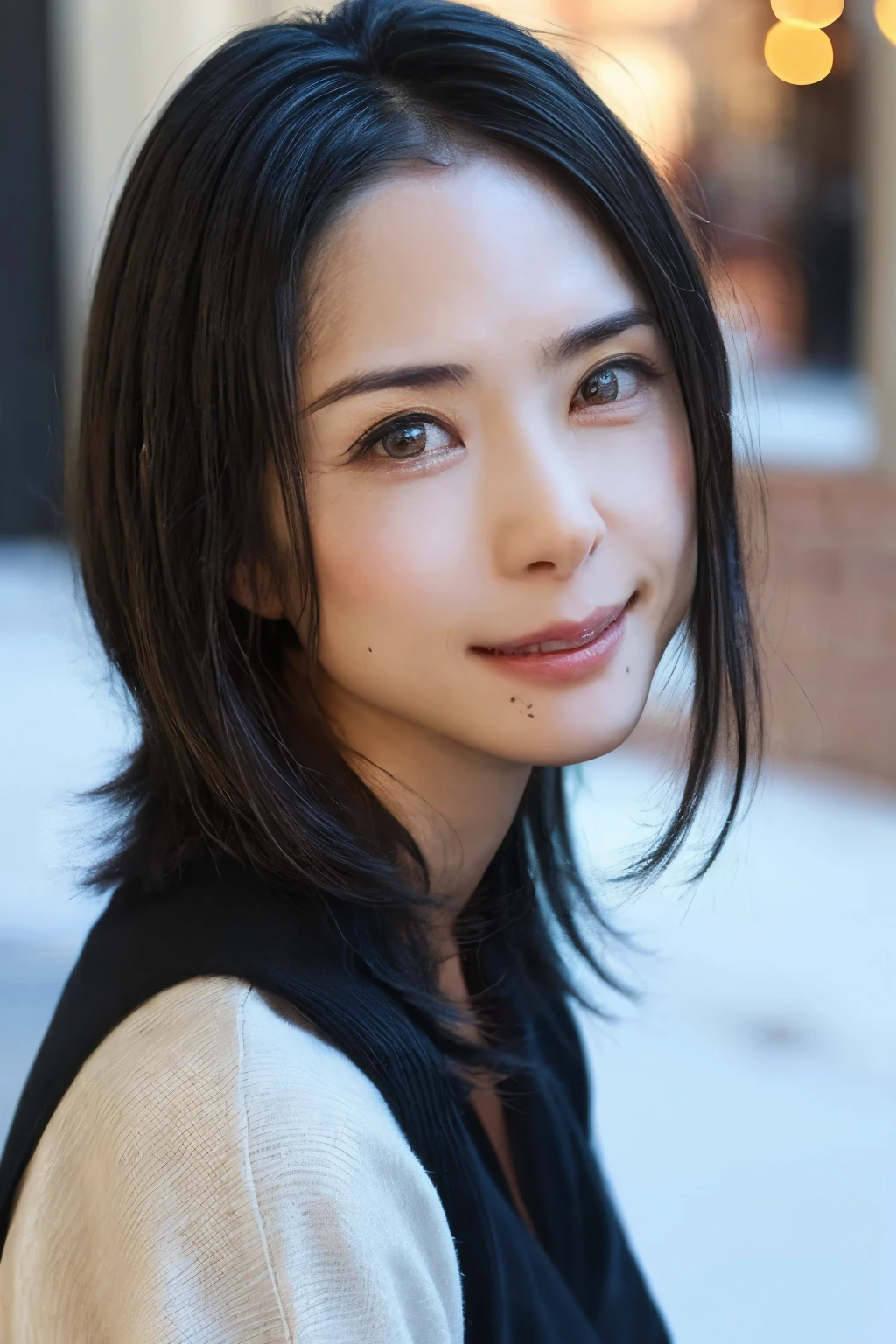 (High reality photograph, high resolusion, detailed face, detailed eyes) Skinny Japanese lady, 40 years old, cute face, various face expression, various hair style, skinny figure, small breasts, very thin waist, in a restaurant, wearing casual clothes　Kana Hashimoto