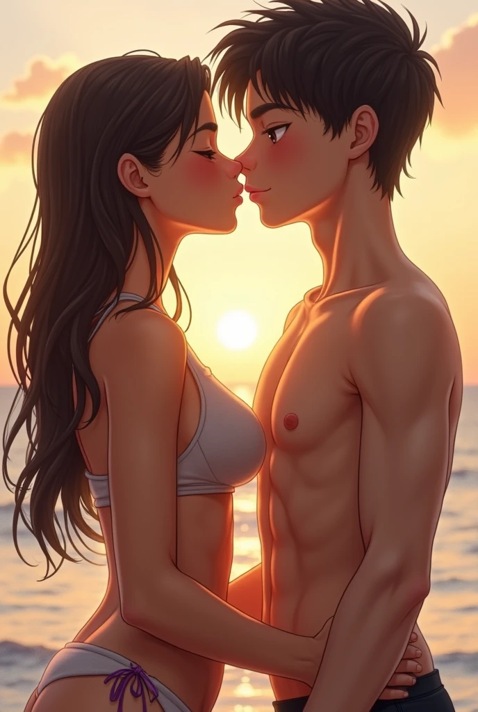 A young woman and a boy, grabbing, kiss, (((((orgasm))))), enjoying, beach, nude, puffy big tits, big nipples, hairy pussy, debauchery, obscene plot, depraved scene, adult comics image, hentai, high detail, top quality, many details, masterpiece, pixar style