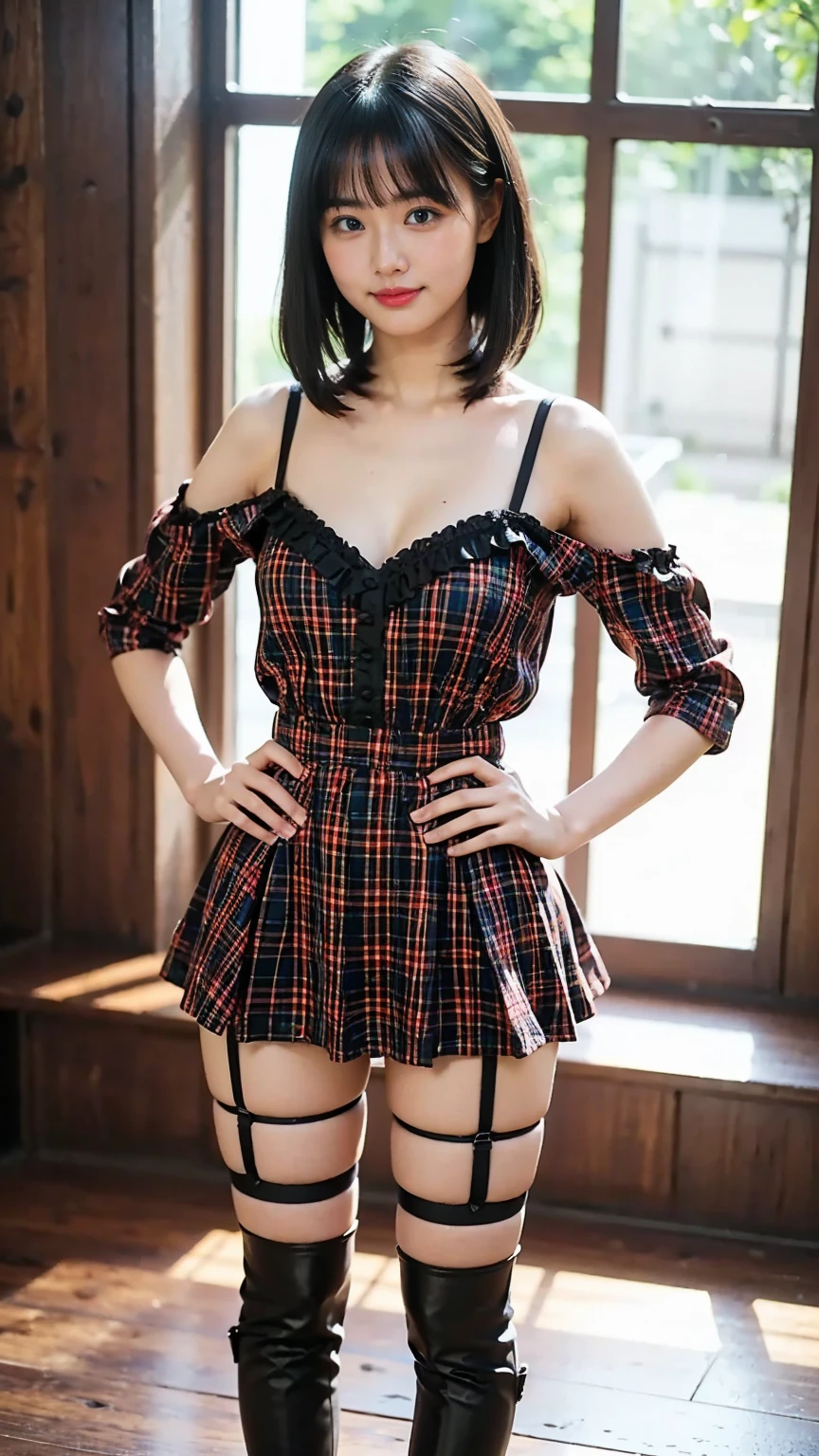 (8k、  RAW Photos from the Last Century 、 best quality、masterpiece:1.2)、(Realistic、Realistic)、1 person((Black and Pink、silk off-the-shoulder、 see-through 、Frills、ribbon、 plaid miniskirt 、 Big Breasts 、 Thin legs、 Accessories、smile、 cleavage、 garter belt、 boots 、  camera 、 stage、 medium hair、I'm standing with my hands on my hips、whole body )、cute