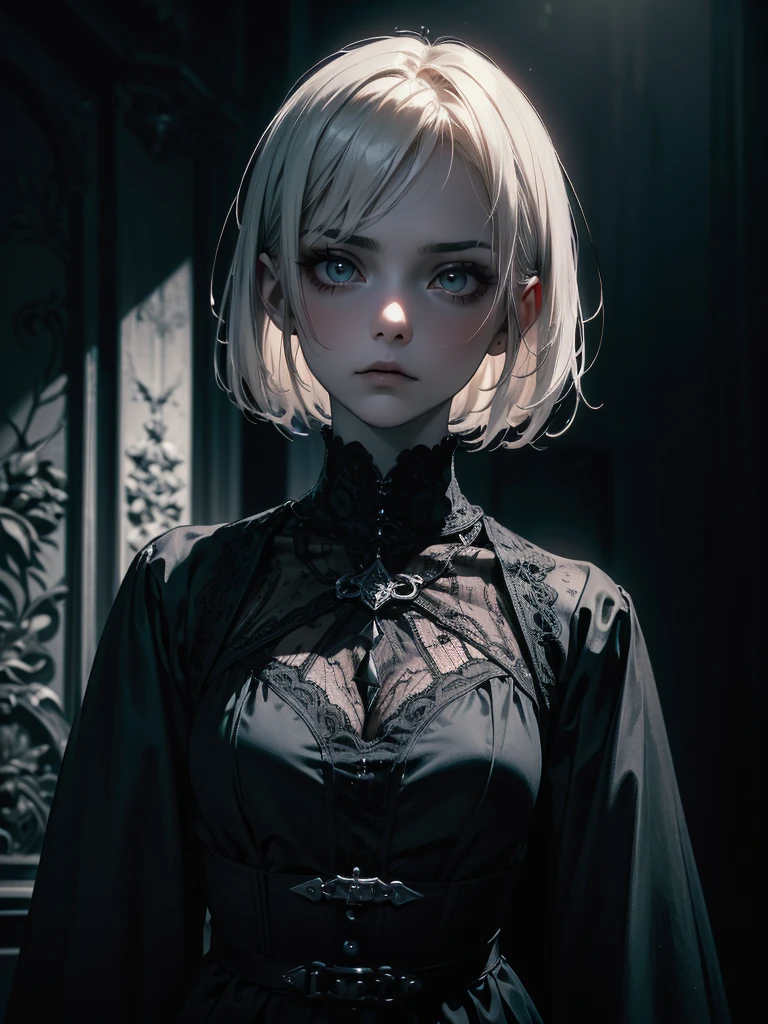 ( High Quality : 1.3),  cinematic shot, masterpiece, ( sharp concentration: 1.5), (Photographically: 1.3), Medium Portrait (Beautiful young vampire woman, Pale skin, gothic, Still proud、Brave,  straight black short bob hair wearing a dark tunic with high detail , Dark appearance, The , Dark atmosphere,  I'm wearing 、 shape is modeled with sharp chiaroscuro。), It&#39;s night, (  highly detailed skin  ), ( detailed face ),   detailed background, Dim lighting, Dusk lighting, Volumetric Lighting,  intricate detail,  ultra high resolution, red lips