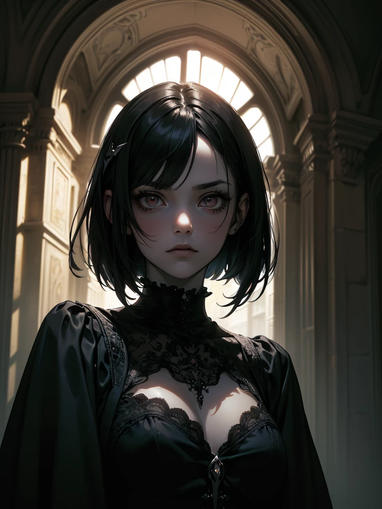 ( High Quality : 1.3),  cinematic shot, masterpiece, ( sharp concentration: 1.5), (Photographically: 1.3), Medium Portrait (Beautiful young vampire woman, Pale skin, gothic, Still proud、Brave,  straight black short bob hair wearing a dark tunic with high detail , Dark appearance, The , Dark atmosphere,  I'm wearing 、 shape is modeled with sharp chiaroscuro。), It&#39;s night, (  highly detailed skin  ), ( detailed face ),   detailed background, Dim lighting, Dusk lighting, Volumetric Lighting,  intricate detail,  ultra high resolution, red lips