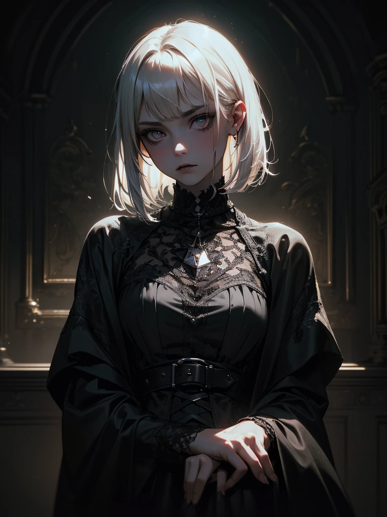 ( High Quality : 1.3),  cinematic shot, masterpiece, ( sharp concentration: 1.5), (Photographically: 1.3), Medium Portrait (Beautiful young vampire woman, Pale skin, gothic, Still proud、Brave,  straight black short bob hair wearing a dark tunic with high detail , Dark appearance, The , Dark atmosphere,  I'm wearing 、 shape is modeled with sharp chiaroscuro。), It&#39;s night, (  highly detailed skin  ), ( detailed face ),   detailed background, Dim lighting, Dusk lighting, Volumetric Lighting,  intricate detail,  ultra high resolution, red lips