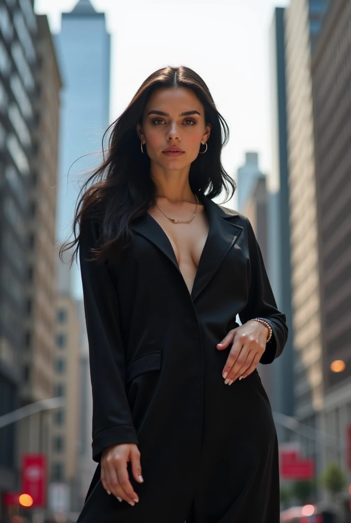 ((best qualityer)), ((work of art)), (detailded),  a contemporary woman wearing a pantsuit, wears a necklace with an intricate medallion. 