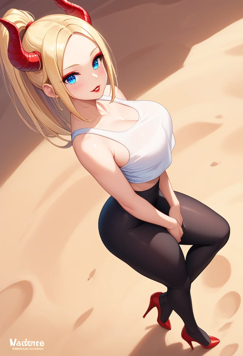 1girl in, Parted lips, blush, makeup, lightsmile, white tank top, black leggings, Full body, Wide Angle, From above, dark desert background, Glow, thick thighs, high heels, Narrow waist, (masterpiece), Wallpaper,Beautiful skins, voluptuous body, high ponytail from side、blonde hair, blue eyes, red lipstick, red small horns in forehead, no earrings.