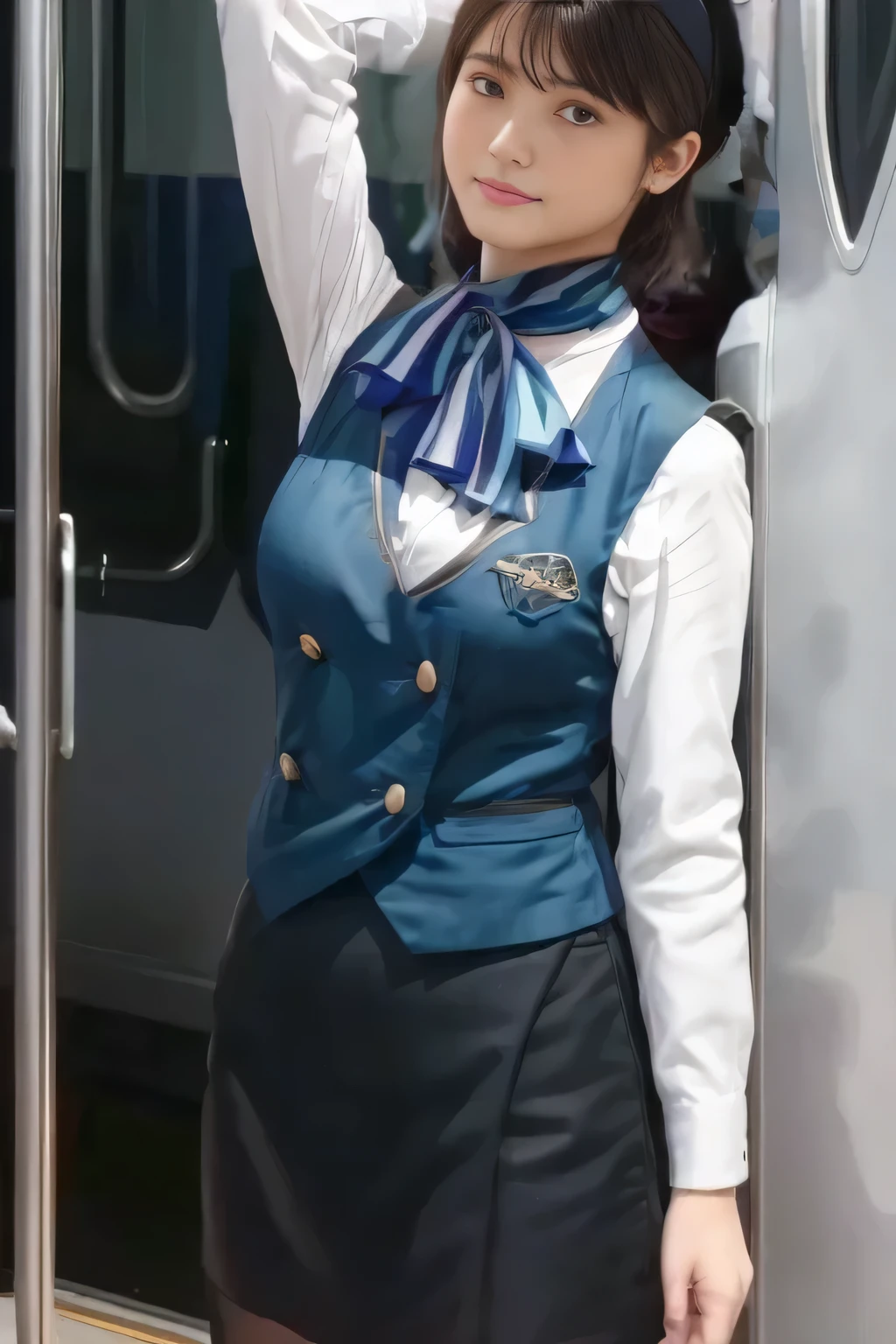 (masterpiece:1.2,   best quality:1.2), 32kHDR,   kampala, (Alone、   1 girl)、（what 、  Professional Lighting）、In-flight background、（ realistic style wearing Nankai train crew uniform ）、（（ Nankai train crew uniform green vest ））、（（  Nankai train crew uniform white long sleeve blouse without color）） 、（（Black curly culotte skirt  、Scarf around the neck））、   lots of dark brown hair  、（ Long Hair、Hair tied up、Hair tied up）、   lots of dark brown hair  、 Long Hit 、Big Breasts、Thin legs、（（ Amazing hands ：2.0）），（（   Harmonious Body Proportions  ：1.5）），（（Normal limbs：2.0）），（（Usually ：2.0）），（（  delicate eyes  ：2.0）），（（Normal eyes：2.0））)、smile、（Nankai train crew member beautiful figure in uniform ）、Hands crossed underneath 
