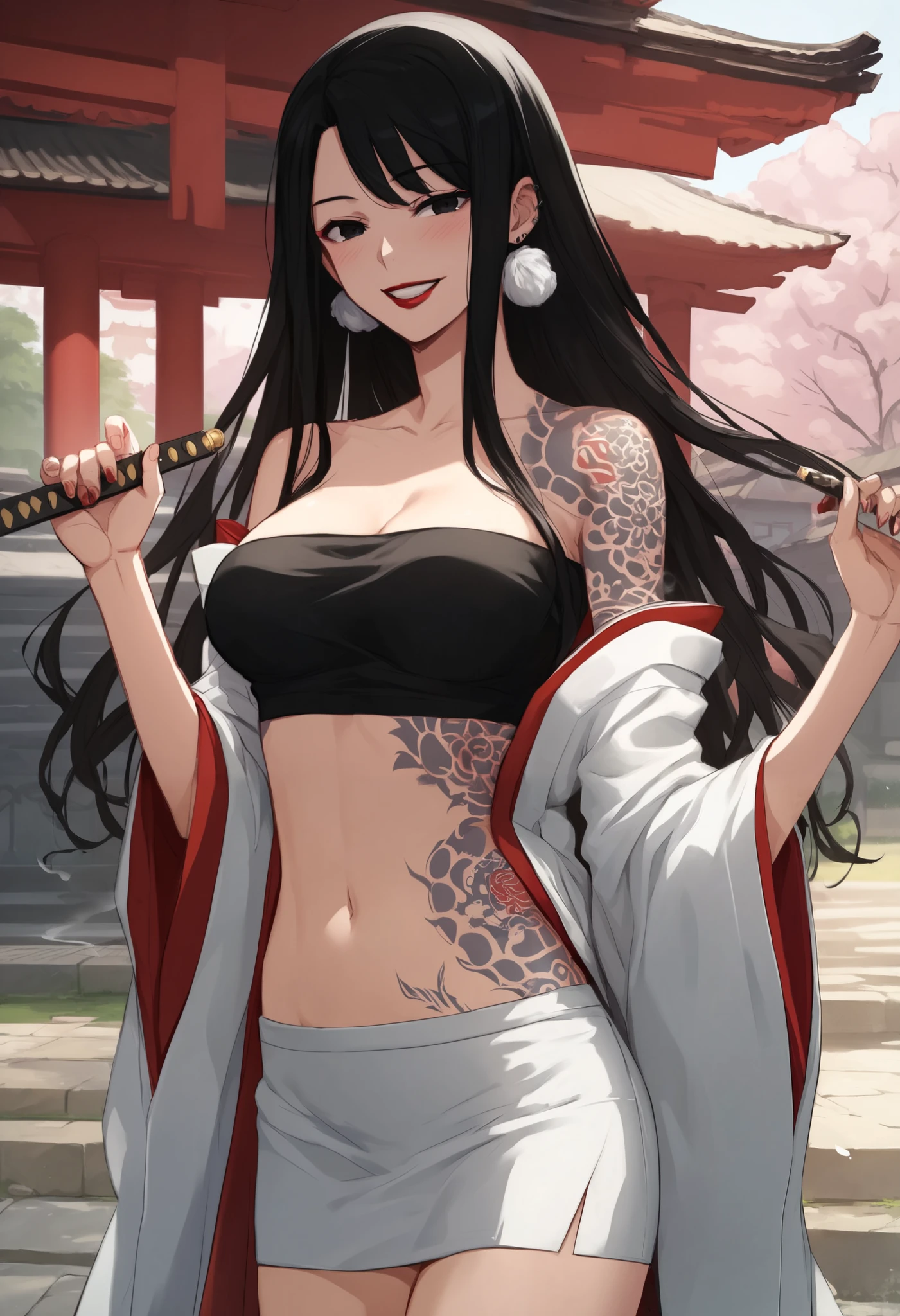 SayoLOR, tattoo on body, black hair, black eyes,  long hair, earrings, red lips, large breasts, ear piercing, long hair, blush, lipstick,Hot girl, baddie,
smoking, sensual, attractive, masterpiece, best quality, highly detailed, a anime girl in kimono dress ,holding sword, bare shoulder,open kimono, evil smile, open mouth, crop top , (nsfw) not safe for work, smile, ecchi anime style, anime girls, ecchi style, ecchi, digital anime art!!, in anime style, official artwork, visual novel cg, beautiful anime girl, anime style 4 k, kimono pencil skirt, exposed belly, exposed navel, exposed midriff, exposed lower belly, outdoor, japanese architecture, temple, 