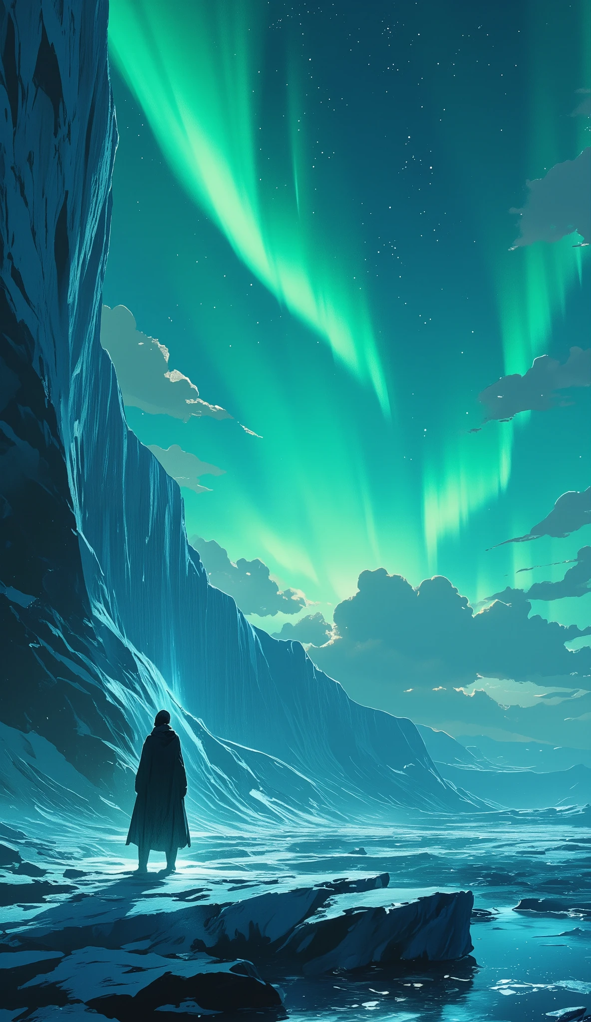 standing on a glacier , Frozen, showing the immensity of the glaze ,  with a bright cyan aurora borealis light , green:1. 5 beautiful colors of Aurora that can be seen very clearly the Northern Lights,  in the background ,  a photo of Christopher Balaskas , pexels contest winner, romanticism,  magical colors and atmosphere ,  magical colors and atmosphere ,  stunning colors , Northern Lights , aurora boreal,  amazing colors , Magnificent background,  Incredibly epic images , ice cave,  incredible colors , chiaroscuro, cinematic lighting, UHD, Retina,  masterpiece , Accurate, Super detail, high details,  high quality ,  award winning , best quality, highres, 1080P, HD, 16K,  hyperrealistic