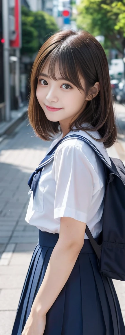 (masterpiece,  best quality:1.2),  one girl who is at ease, Alone, 1,  Japanese woman with a viewing angle of, Super cute idol-like face , Beautiful model-like figure,  double eyelid big eyes , ( white shirt,  sailor school uniform ,  Navy Blue Pleated Skirt:1.2),  dark brown hair ,  medium straight hair , With bangs, Carry a backpack to school, smile, The background is Shibuya Ward, Tokyo