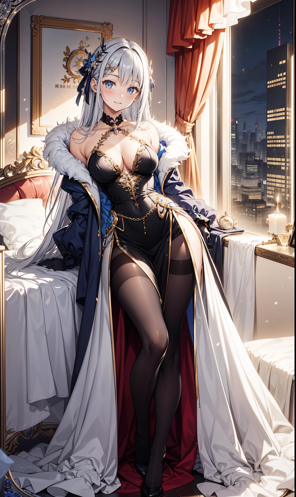 The city outside the window,(gray hair:2.0),Slender high straight ponytail,gold headband,Standing close-up,dream world,Mature lady,(Slender blue phoenix eyes,lipstick,long eyelashes),long eyelashes,Contact lenses,gemstone gold necklace,(Off-the-shoulder black fur dress,fur tube top,Plush tube top,fur strapless,wide cuffs,Long skirt,belt:2.0),fur tube top(big breast)ballroom background,(soft light and shadow:1.9),fur high heels,black stokings,Detailedly drawn backgrounds