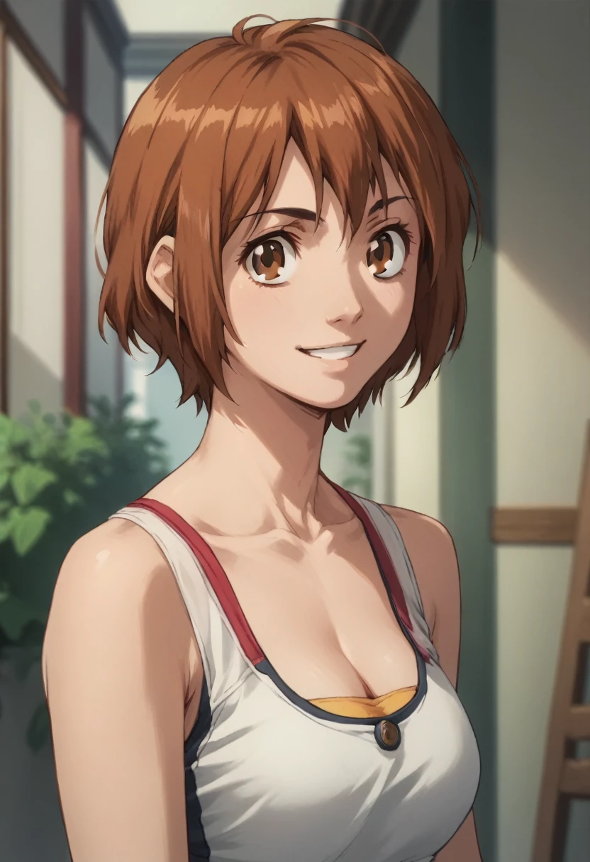 ManamiKinjuo, short hair, brown hair, brown eyes,,cleavage,smile