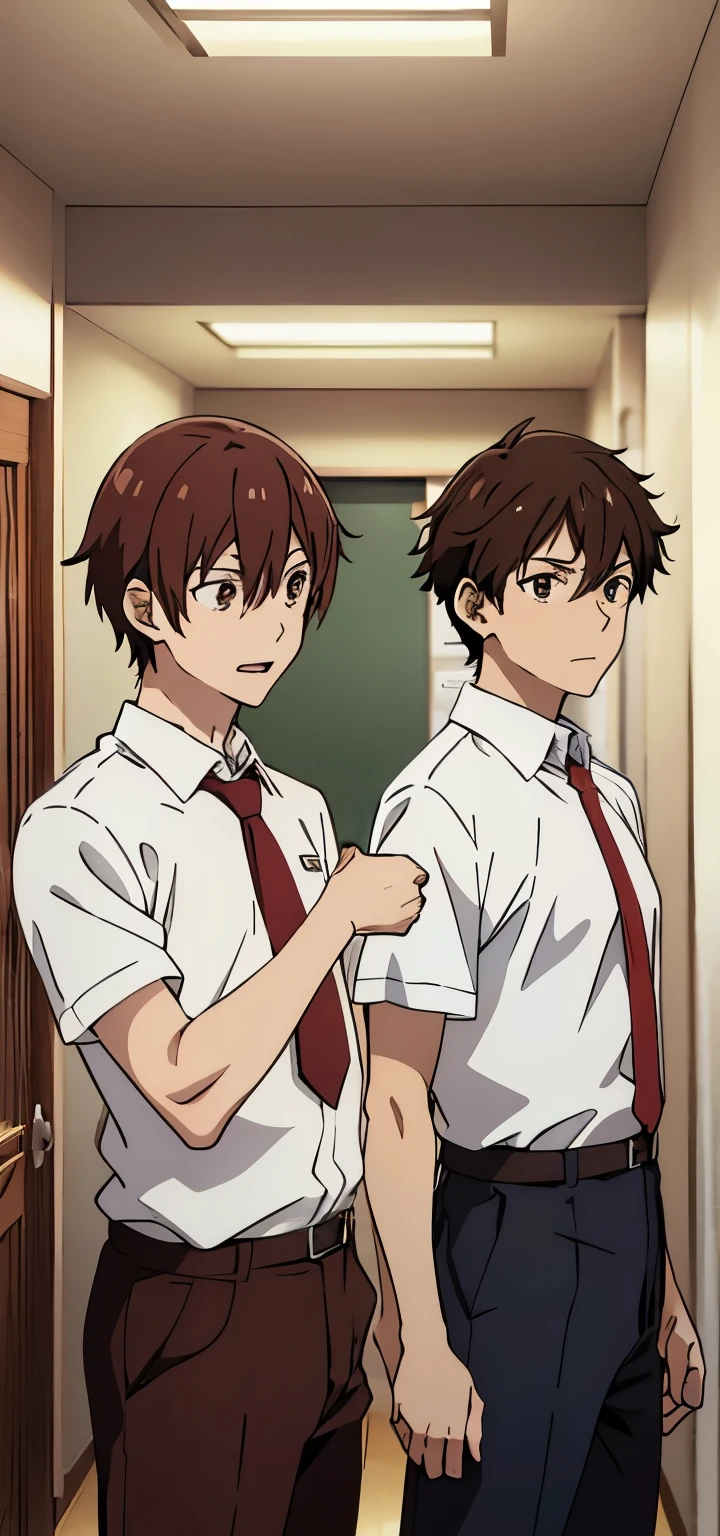 2 Anime boy wearing white shirt, red tie, brown hair, head down, school shirt, 2 boys , in hallway , Loughing