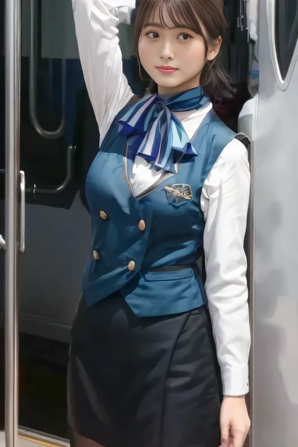 (masterpiece:1.2,   best quality:1.2), 32kHDR,   kampala, (Alone、   1 girl)、（Professional Lighting）、In-flight background、（ realistic style wearing Nankai train crew uniform ）、（（ Nankai train crew uniform green vest ））、（（  Nankai train crew uniform white long sleeve blouse without color）） 、（（Black curly culotte skirt  、Scarf around the neck））、   lots of dark brown hair  、（ Long Hair、Hair tied up、Hair tied up）、   lots of dark brown hair  、 Long Hit 、Big Breasts、Thin legs、（（ Amazing hands ：2.0）），（（   Harmonious Body Proportions  ：1.5）），（（Normal limbs：2.0）），（（Usually ：2.0）），（（  delicate eyes  ：2.0）），（（Normal eyes：2.0））)、smile、（Nankai train crew member beautiful figure in uniform ）、Hands crossed underneath 
