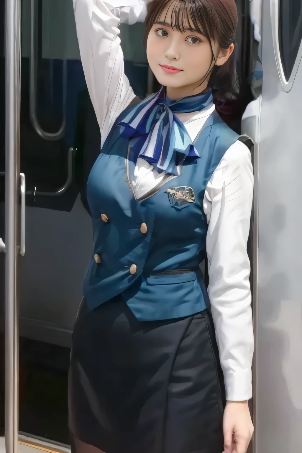 (masterpiece:1.2,   best quality:1.2), 32kHDR,   kampala, (Alone、   1 girl)、（Professional Lighting）、In-flight background、（ realistic style wearing Nankai train crew uniform ）、（（ Nankai train crew uniform green vest ））、（（  Nankai train crew uniform white long sleeve blouse without color）） 、（（Black curly culotte skirt  、Scarf around the neck））、   lots of dark brown hair  、（ Long Hair、Hair tied up、Hair tied up）、   lots of dark brown hair  、 Long Hit 、Big Breasts、Thin legs、（（ Amazing hands ：2.0）），（（   Harmonious Body Proportions  ：1.5）），（（Normal limbs：2.0）），（（Usually ：2.0）），（（  delicate eyes  ：2.0）），（（Normal eyes：2.0））)、smile、（Nankai train crew member beautiful figure in uniform ）、Hands crossed underneath 
