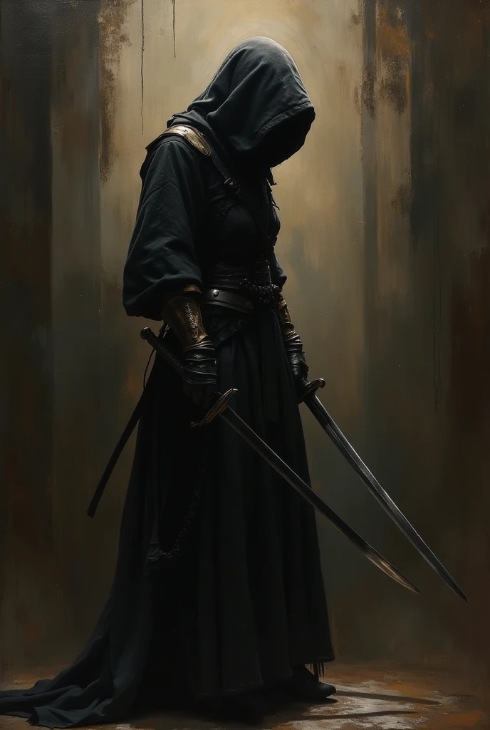 detailed Renaissance oil painting, masterpiece, FredFraiStyle, female Japanese ninja assassin with katana, hood, chiaroscuro, silhouette, weapon, directional lighting, masterpiece, perfect composition, perfect hands, cowboy shot, perfect anatomy.
