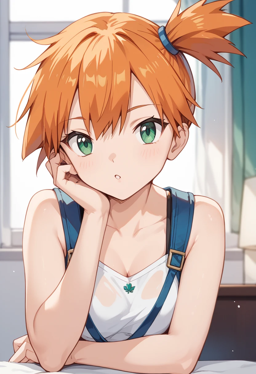 1girl, Mit, green eyes, orange hair, bangs, side ponytail, hair tie, short hair
