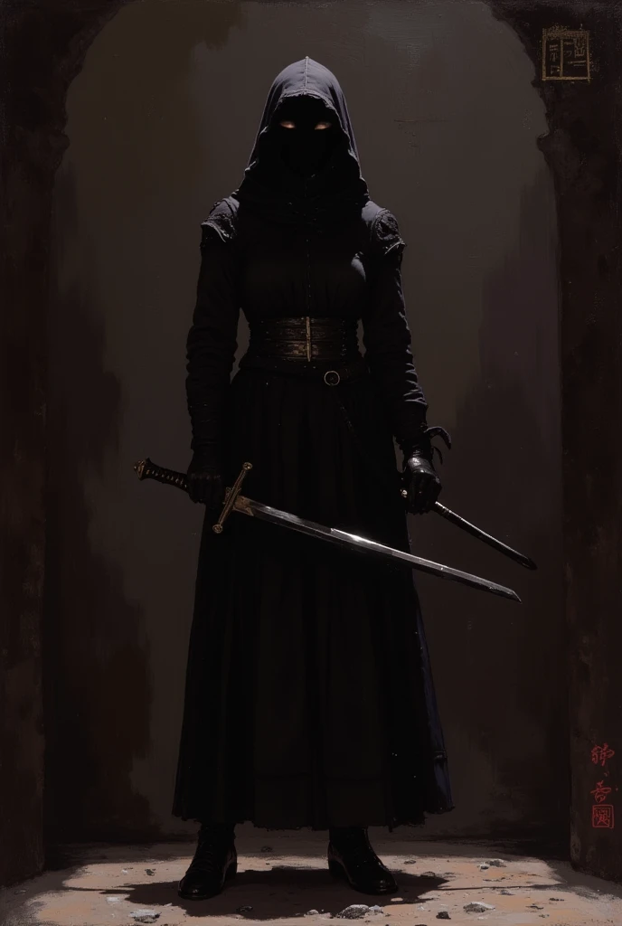 detailed Renaissance oil painting, masterpiece, FredFraiStyle, female Japanese ninja assassin with katana, hood, chiaroscuro, silhouette, weapon, directional lighting, masterpiece, perfect composition, perfect hands, cowboy shot, perfect anatomy.
